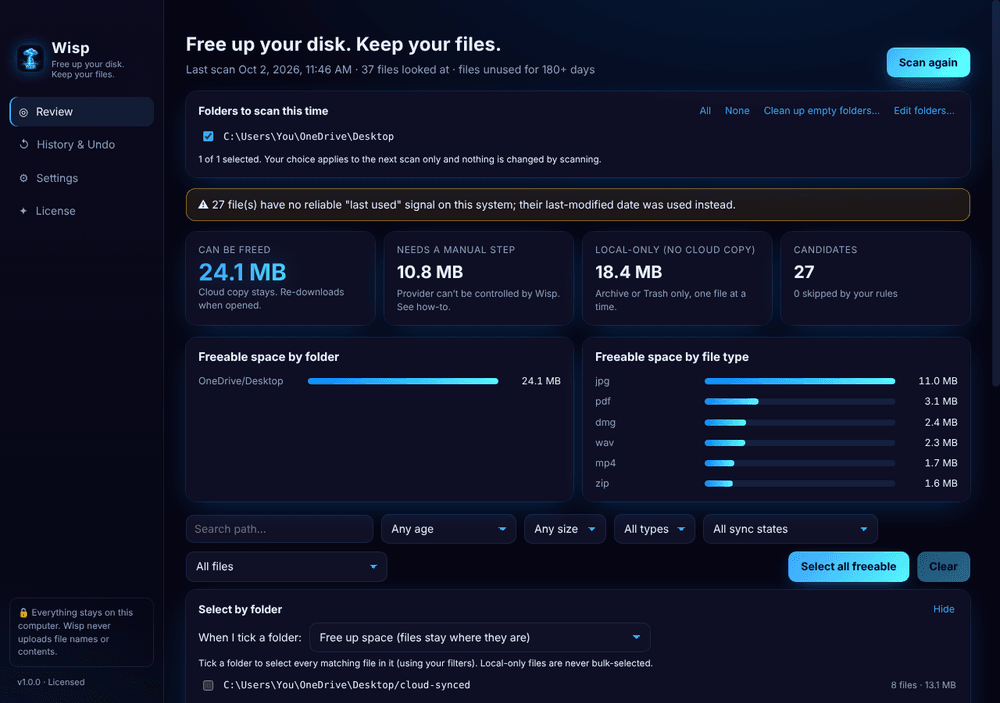 Wisp scan results showing how much space can be freed, by folder and by file type